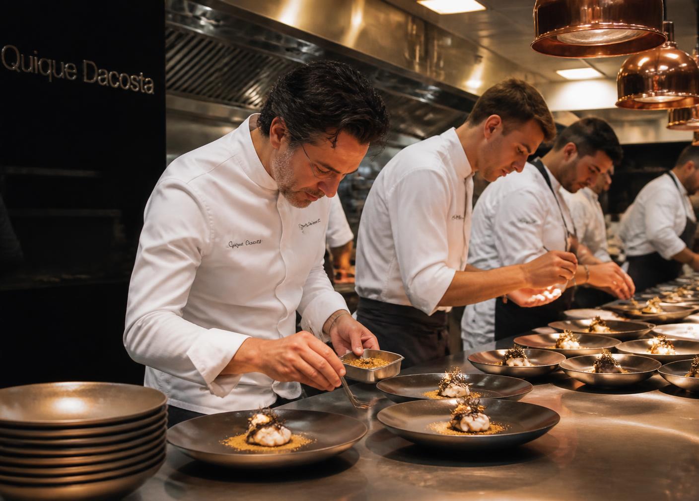 Chefs emplatando en una cocina profesional