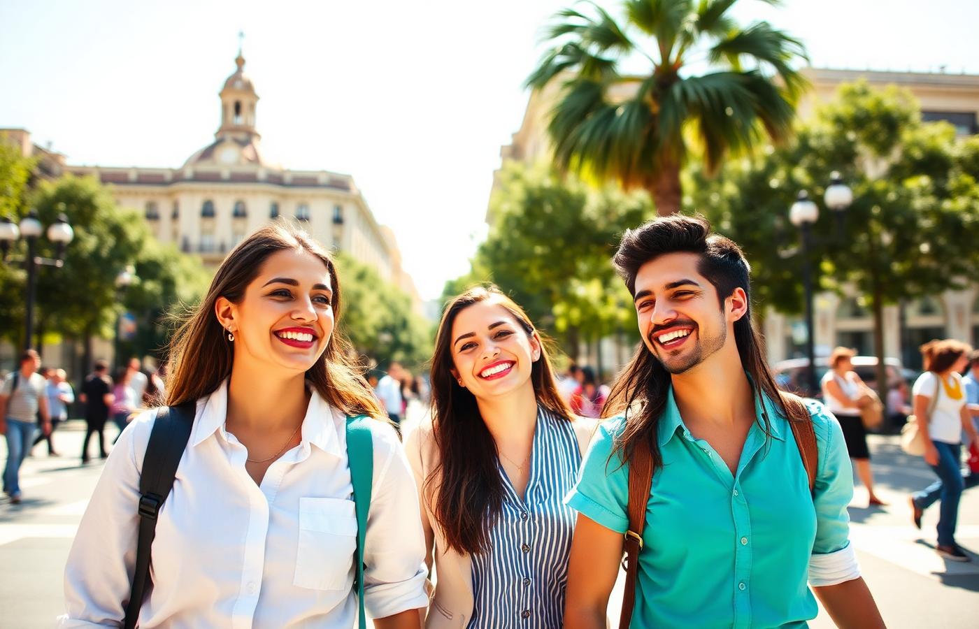 Jóvenes profesionales latinoamericanos en una plaza de Madrid
